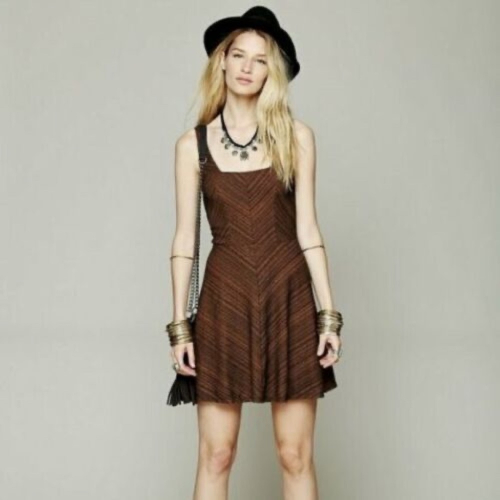 FREE PEOPLE Brown Lace Up Back Chevron Stripes Skater Dress Knit Boho ~ Small